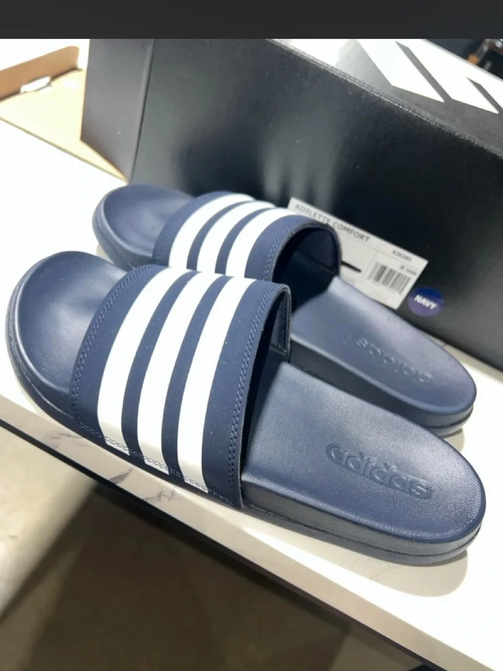 NIB Adidas Adilette Comfort Navy White Slides Unisex